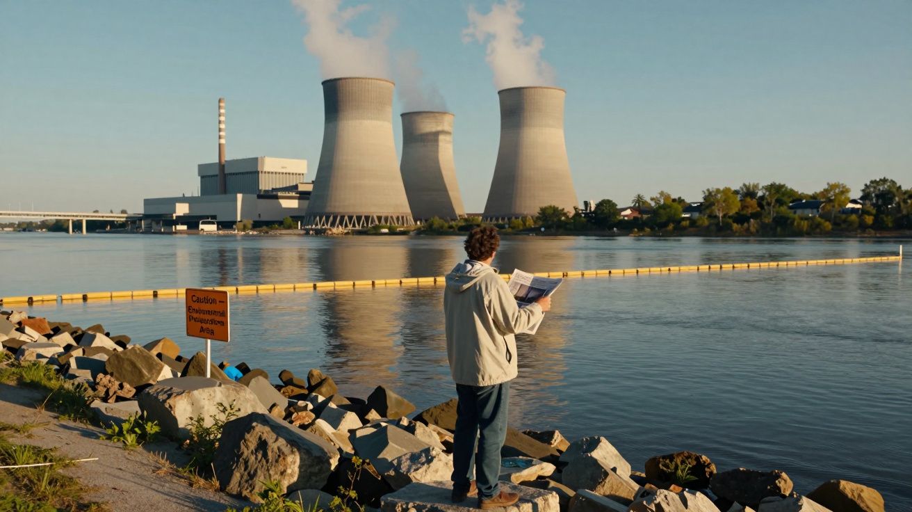 Homem de pé junto a um rio, a ler um livro, com central nuclear com torres de arrefecimento ao fundo.