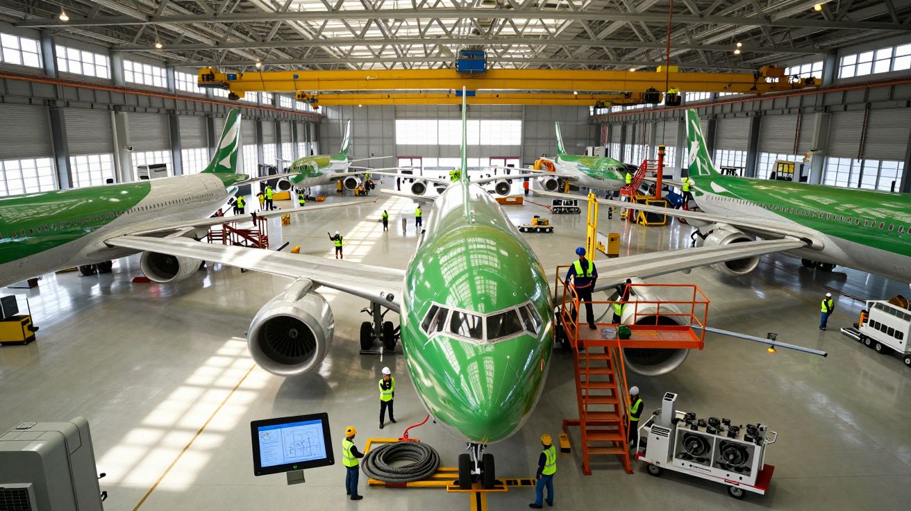 Aviões verdes em hangar com técnicos a realizar manutenção e equipamentos de suporte no chão.