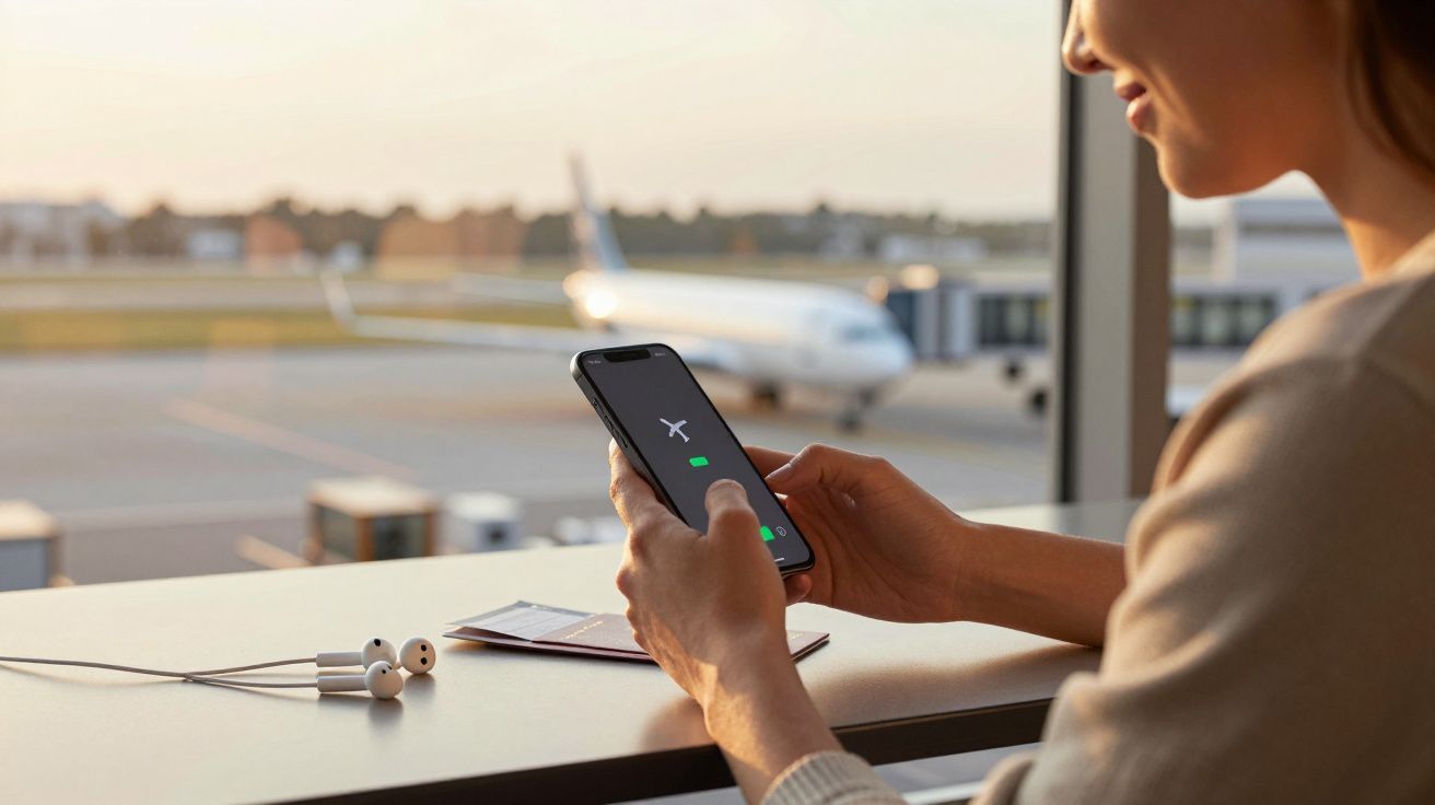 Pessoa a usar telemóvel numa sala de espera de aeroporto com avião visível pela janela ao fundo.