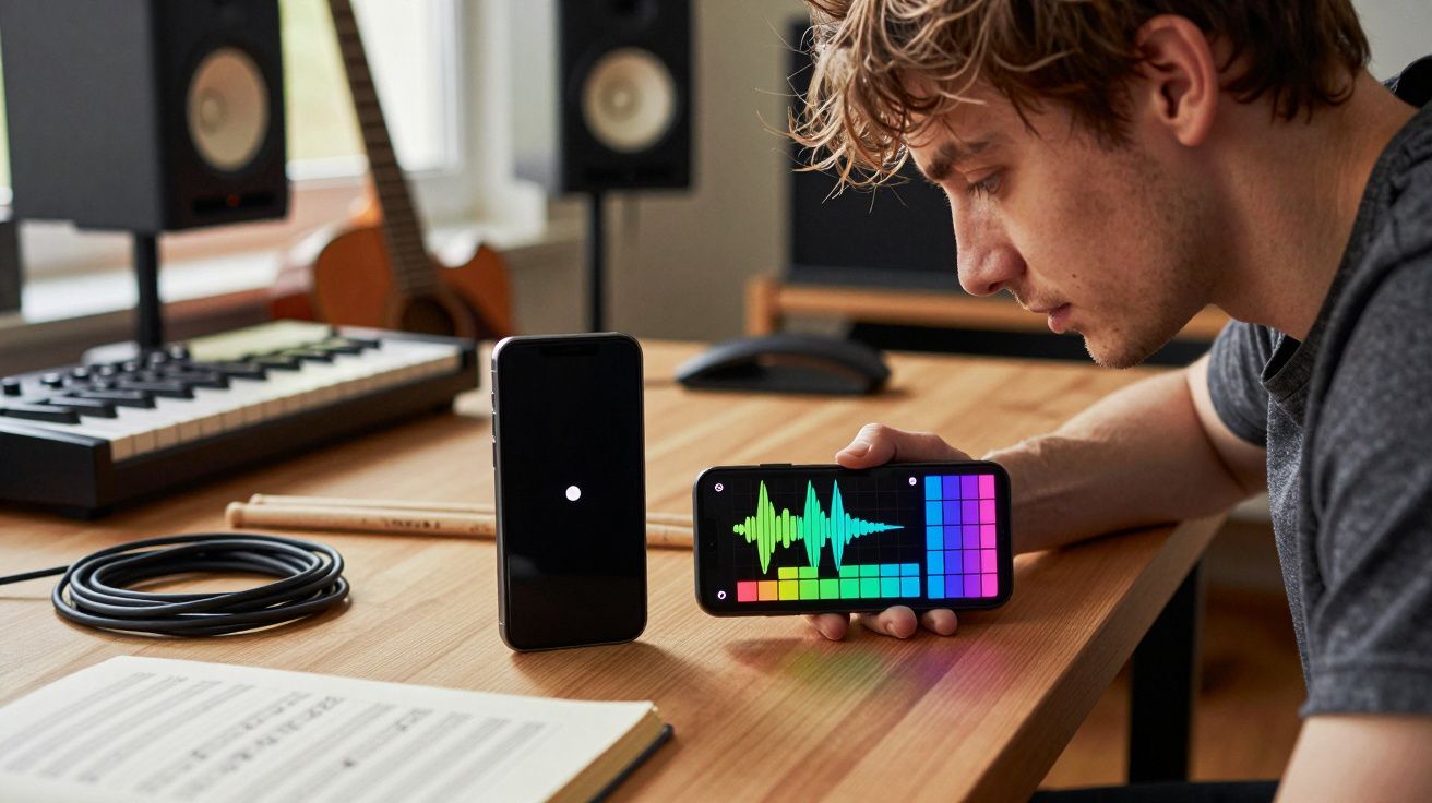 Homem a trabalhar com aplicação de áudio num telemóvel num estúdio de música caseiro.