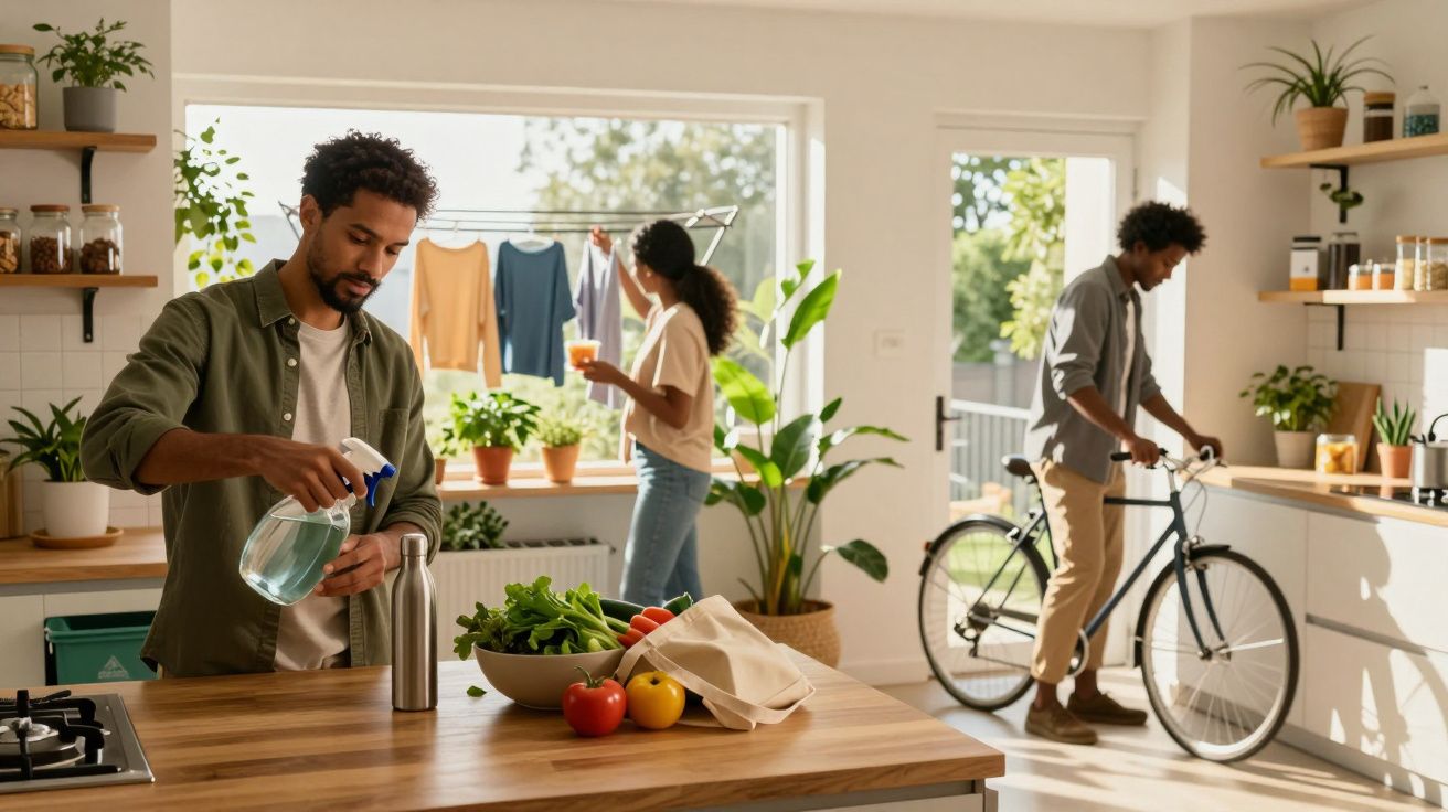 Casal jovem em cozinha luminosa, homem a limpar garrafa, mulher a beber sumo junto a roupa seca e homem com bicicleta.