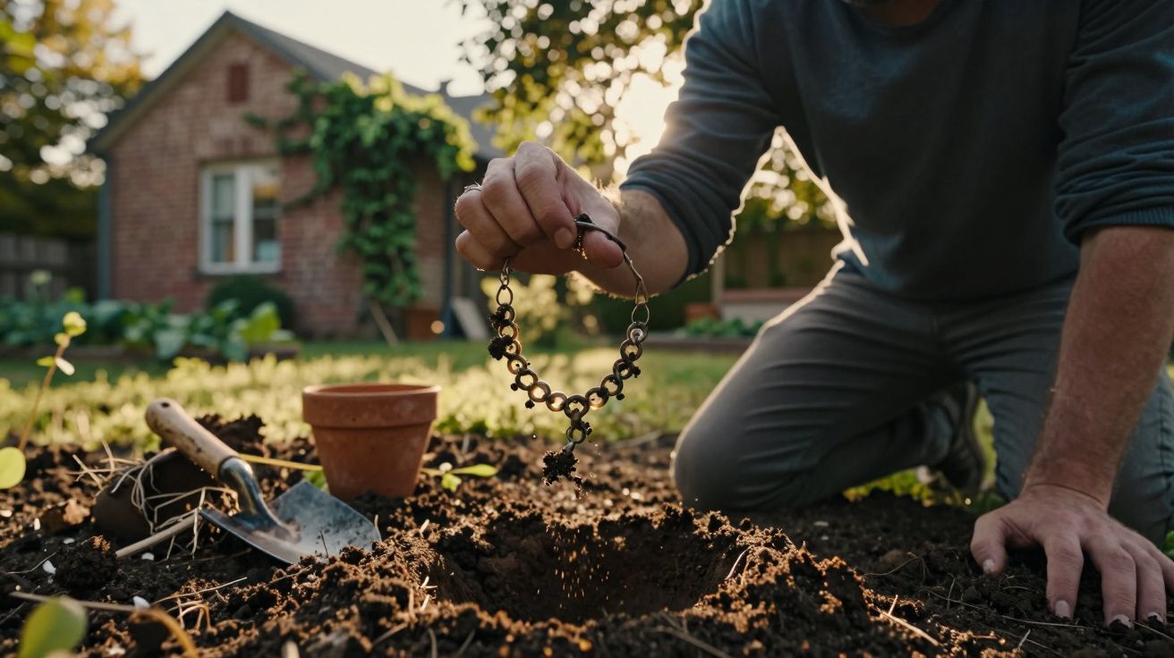Pessoa ajoelhada a segurar um terço sobre um buraco na terra num jardim, com casa ao fundo.