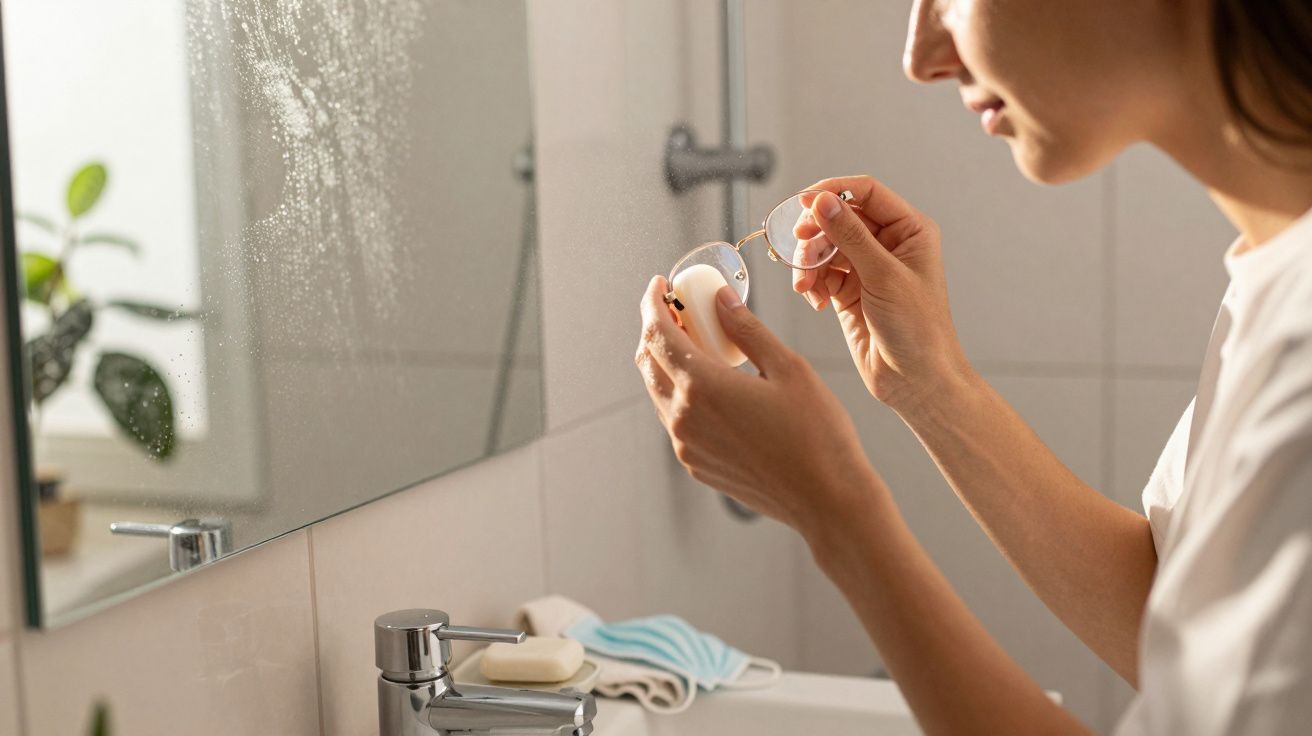 Pessoa a limpar óculos com um pano num banheiro com espelho embaciado e máscara facial sobre a bancada.