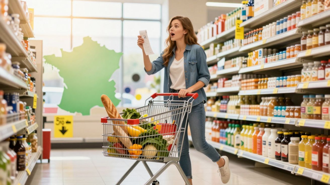 Mulher surpreendida a fazer compras no supermercado com carrinho cheio de alimentos frescos e lista na mão.