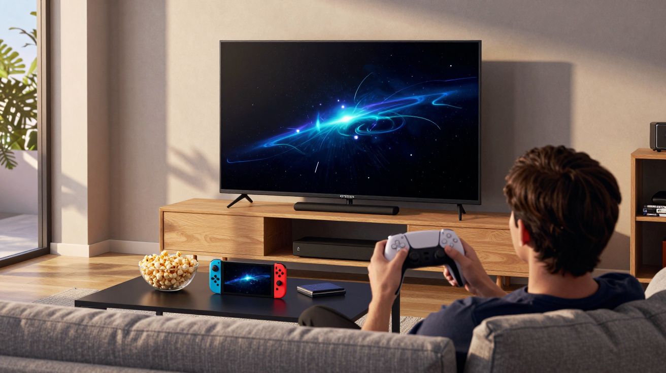 Homem sentado no sofá a jogar videojogos com comando, televisão e consola Nintendo numa sala iluminada.