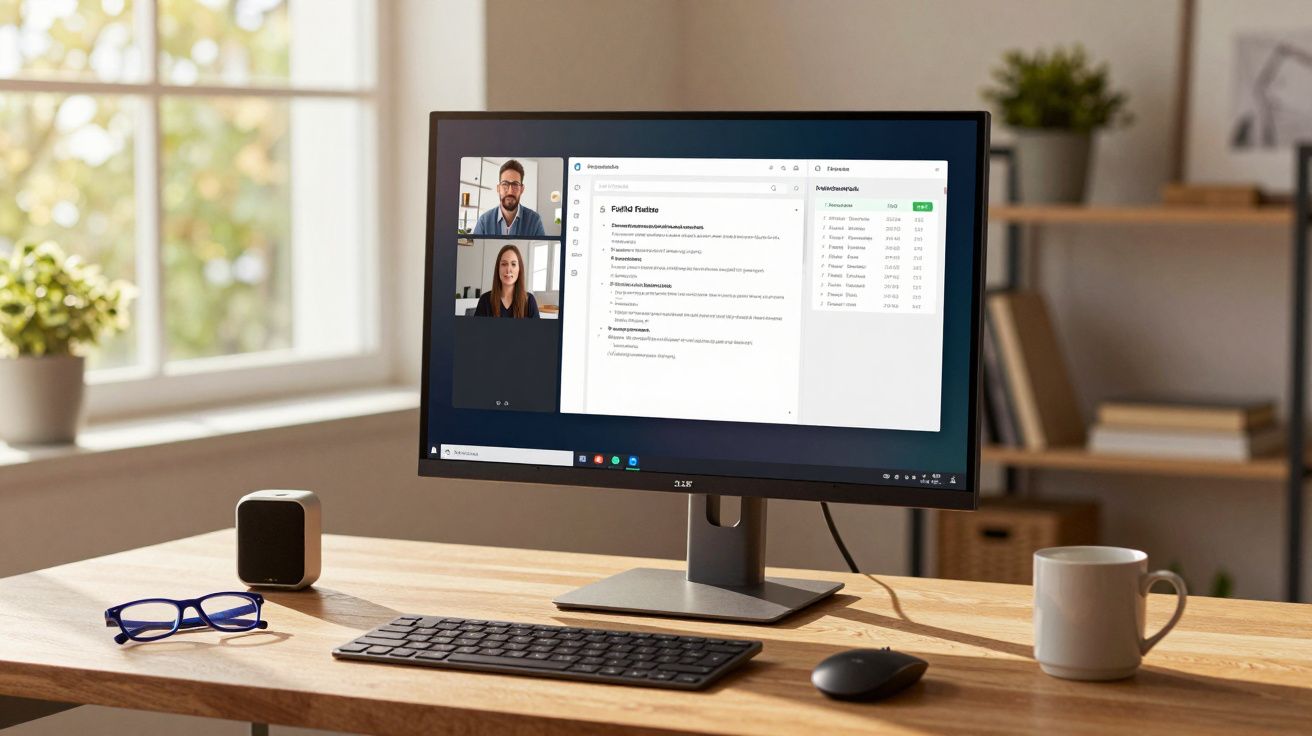 Computador com videoconferência e documento aberto numa secretária com óculos, coluna e caneca.