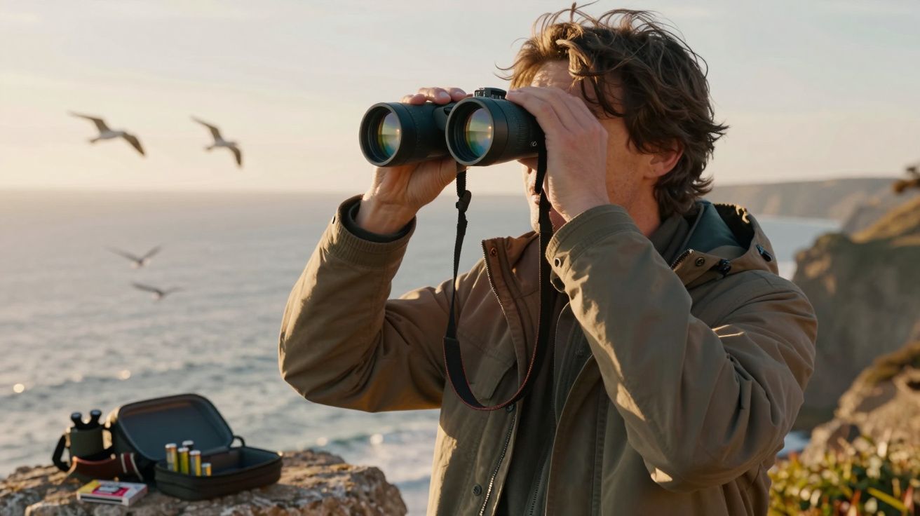 Homem com casaco bege observa o mar e gaivotas ao longe com binóculos numa falésia ao entardecer.