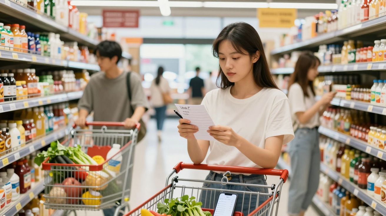 Jovem a consultar lista de compras num supermercado, empurrando carrinho com legumes frescos.