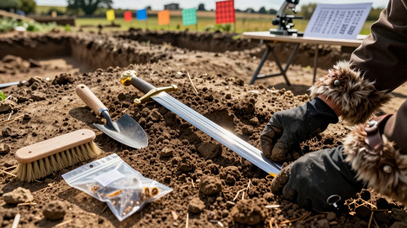 Escavação arqueológica com utensílios e uma espada medieval parcialmente enterrada na terra.