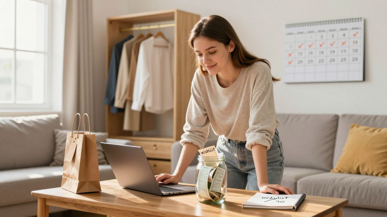 Jovem sorridente a usar portátil numa sala com frasco de poupança e calendário na parede.