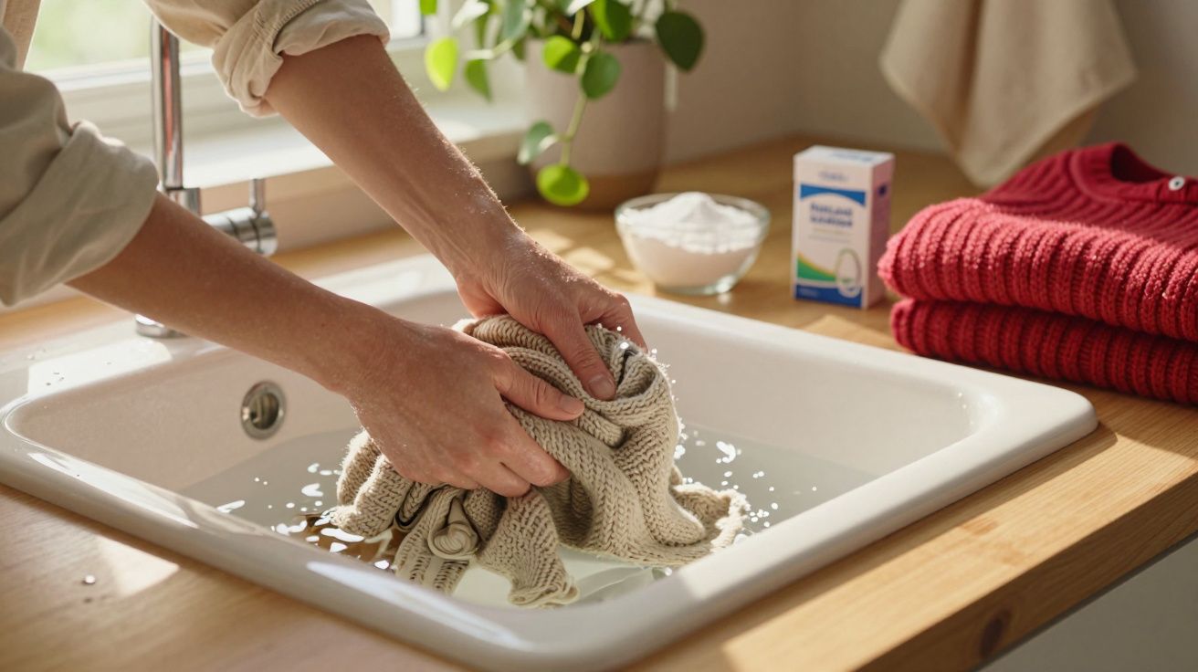 Pessoa a lavar camisola de malha à mão numa pia branca com toalhas vermelhas ao lado.