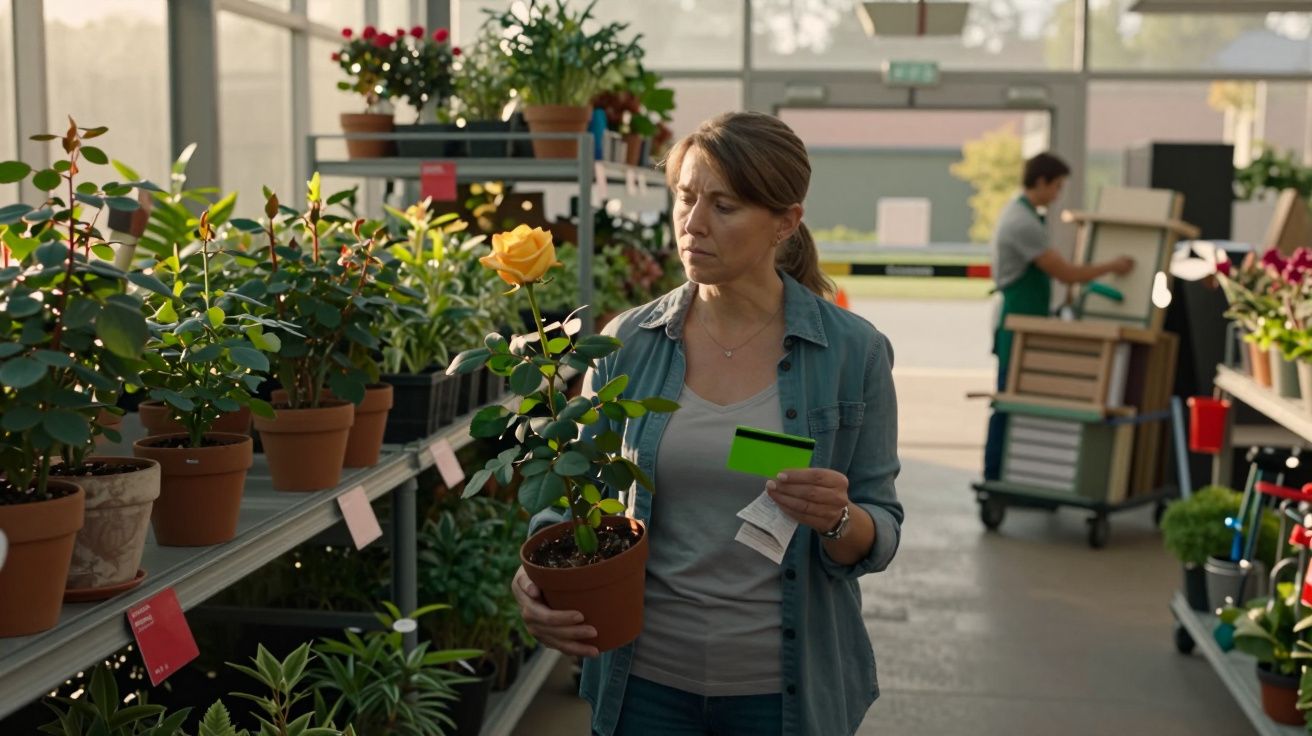 Mulher a segurar rosa amarela numa estufa de plantas, com cartão de pagamento e talão na mão.
