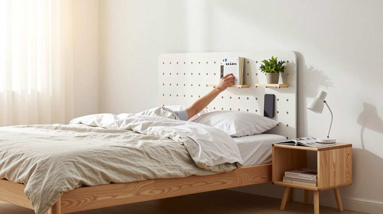 Cama de madeira com cabeceira branca, criado-mudo, candeeiro e braço a estender livro debaixo dos lençóis.