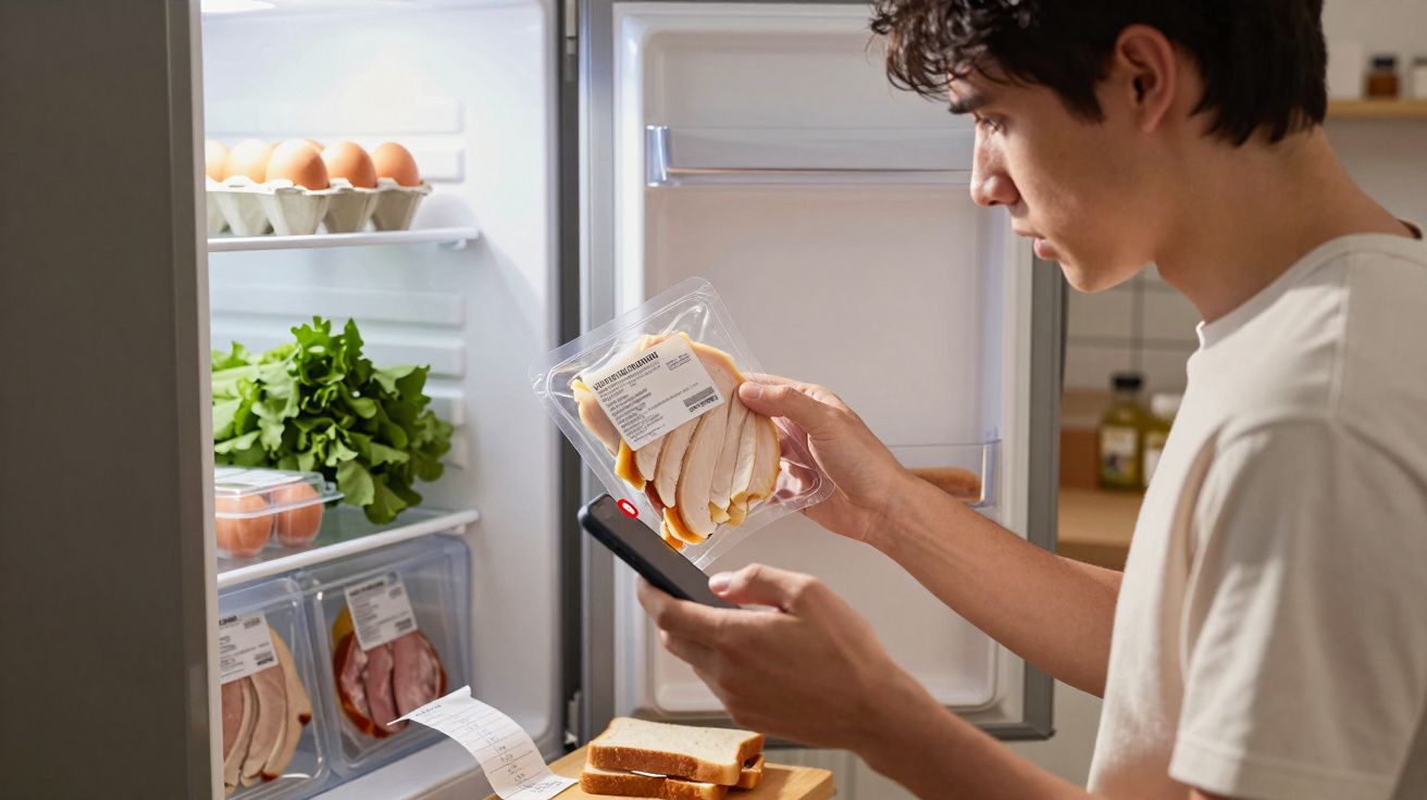 Homem a ler rótulo de fiambre no frigorífico aberto enquanto usa telemóvel para comparar informações.