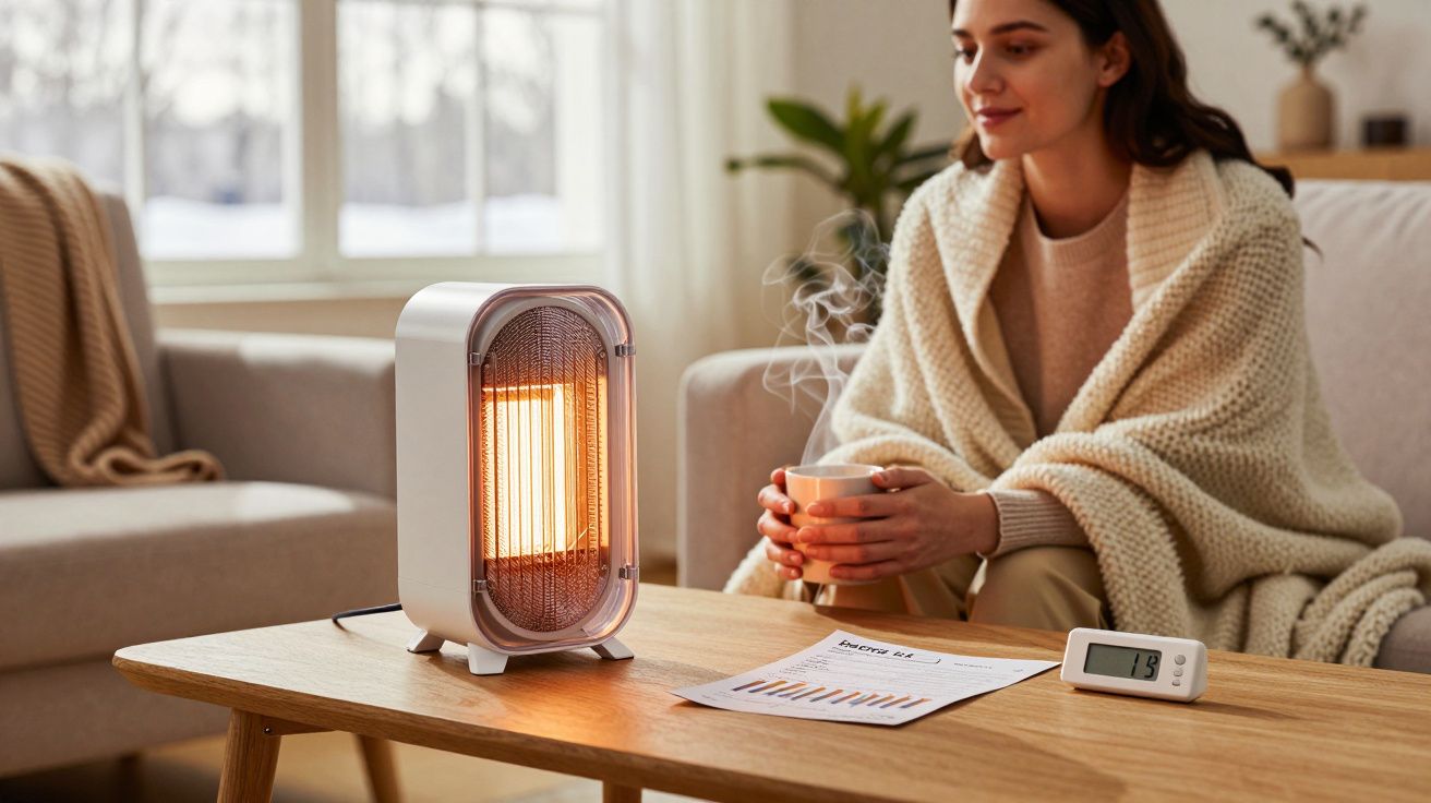 Mulher com manta quente no sofá a beber chá, sentada junto a aquecedor elétrico e termómetro a 13°C.