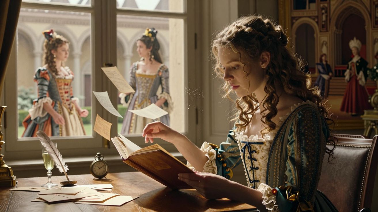 Mulher vestida à época lê livro num quarto antigo com duas mulheres ao fundo e papéis a flutuar.