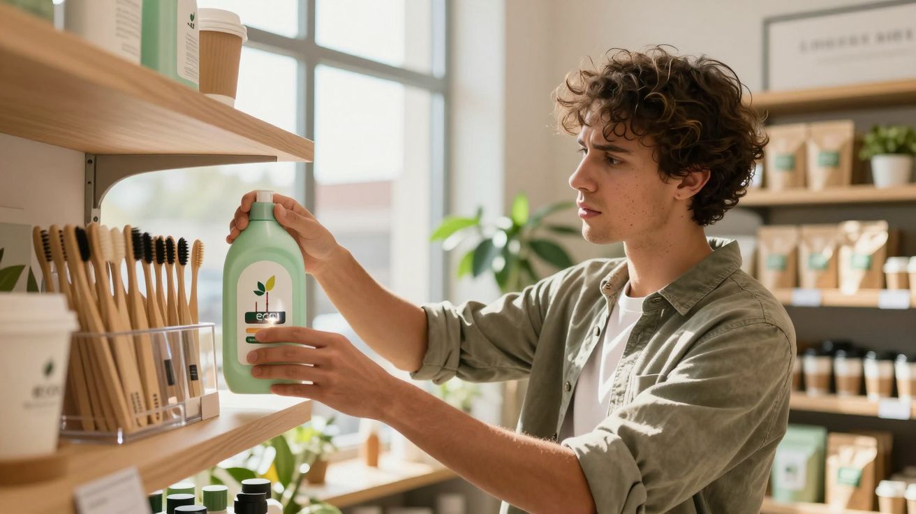 Jovem a escolher produto ecológico numa prateleira de loja luminosa com várias opções sustentáveis.