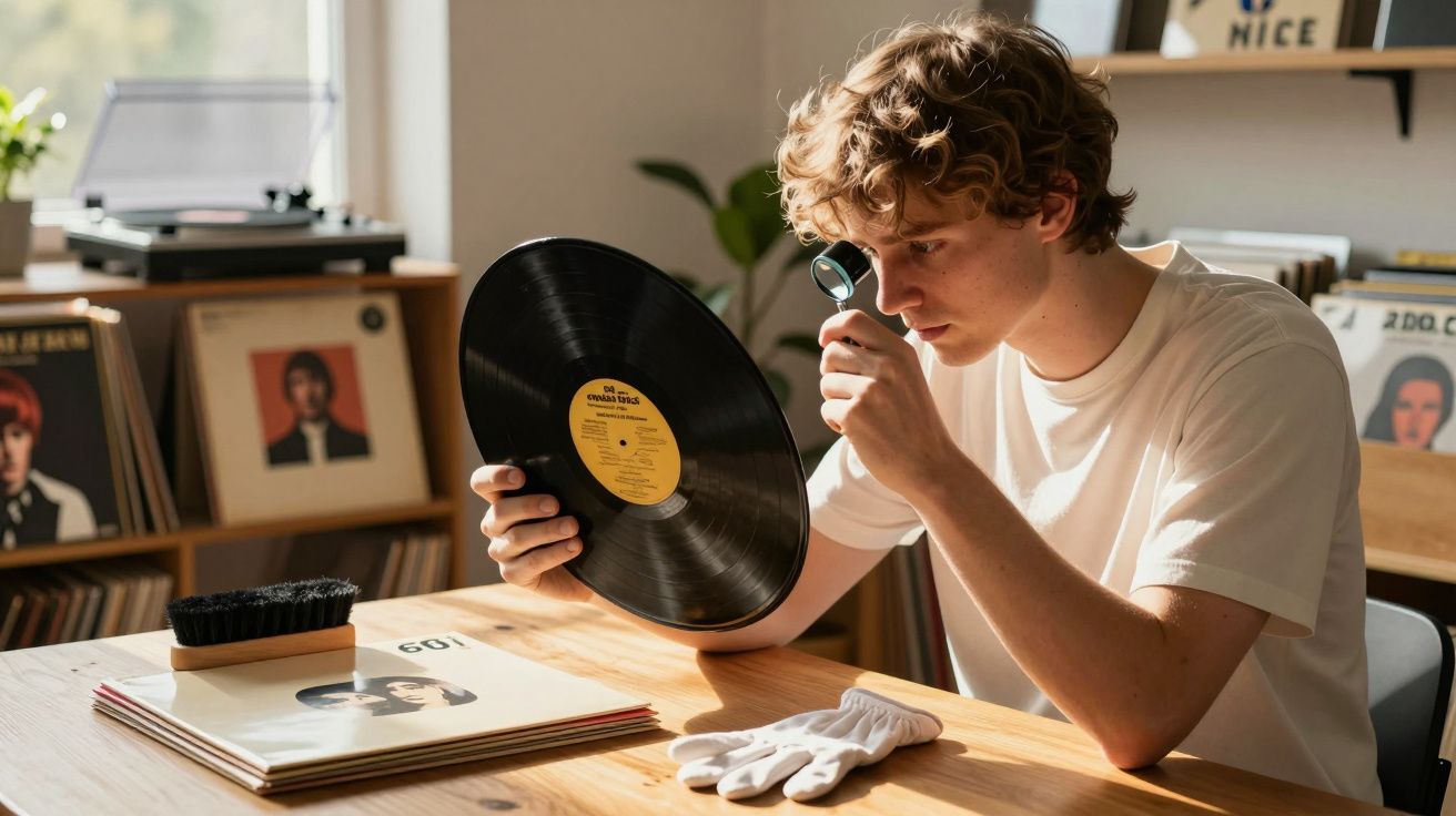 Jovem examina com lupa um disco de vinil num ambiente com vários discos e uma mesa de madeira.