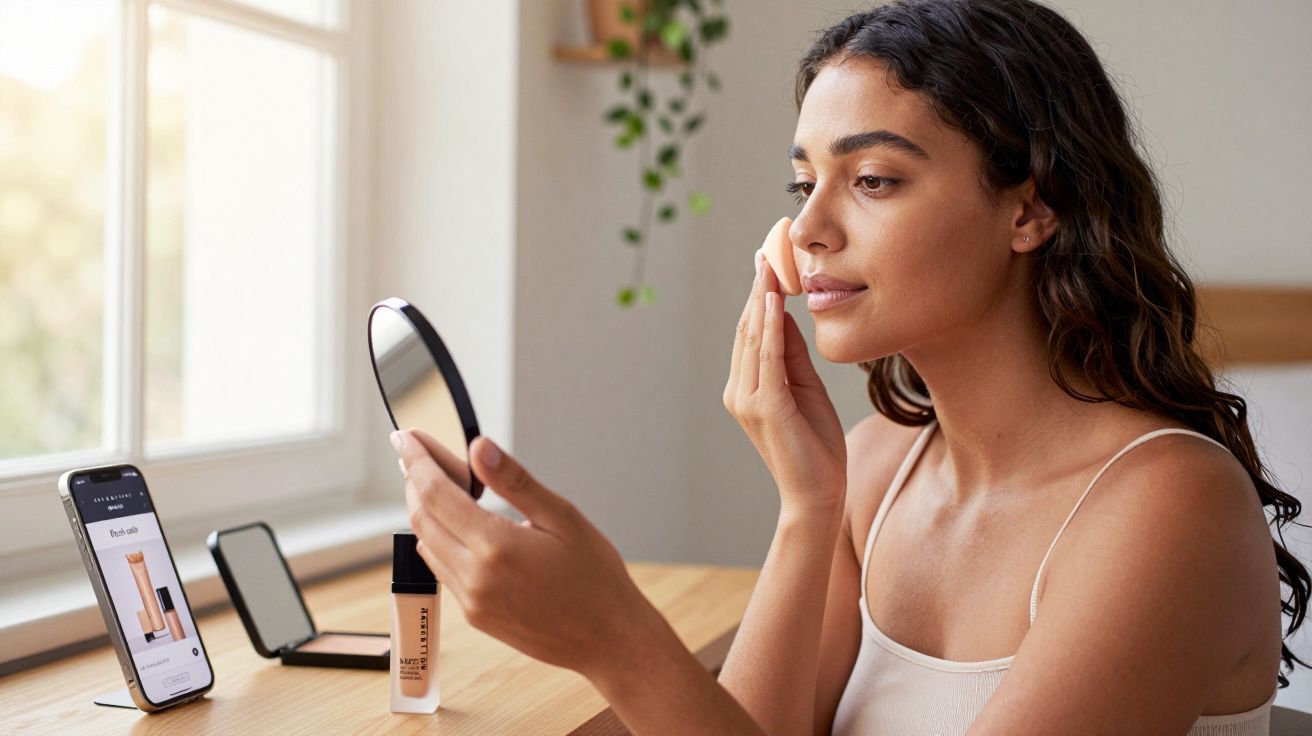 Mulher jovem a aplicar base de maquilhagem com esponja, olhando-se ao espelho junto a uma janela.