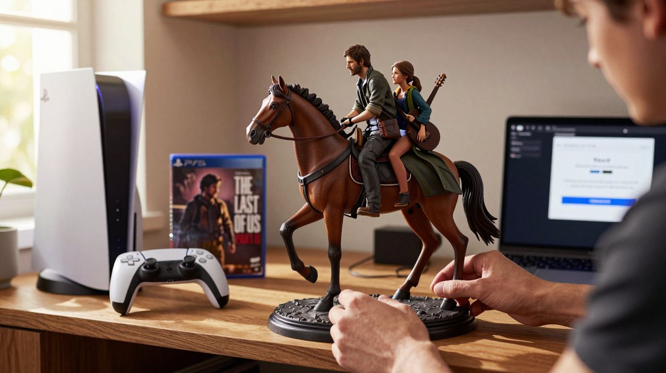 Estátua detalhada de personagens de The Last of Us em cima de uma mesa com PS5 e comando ao fundo.