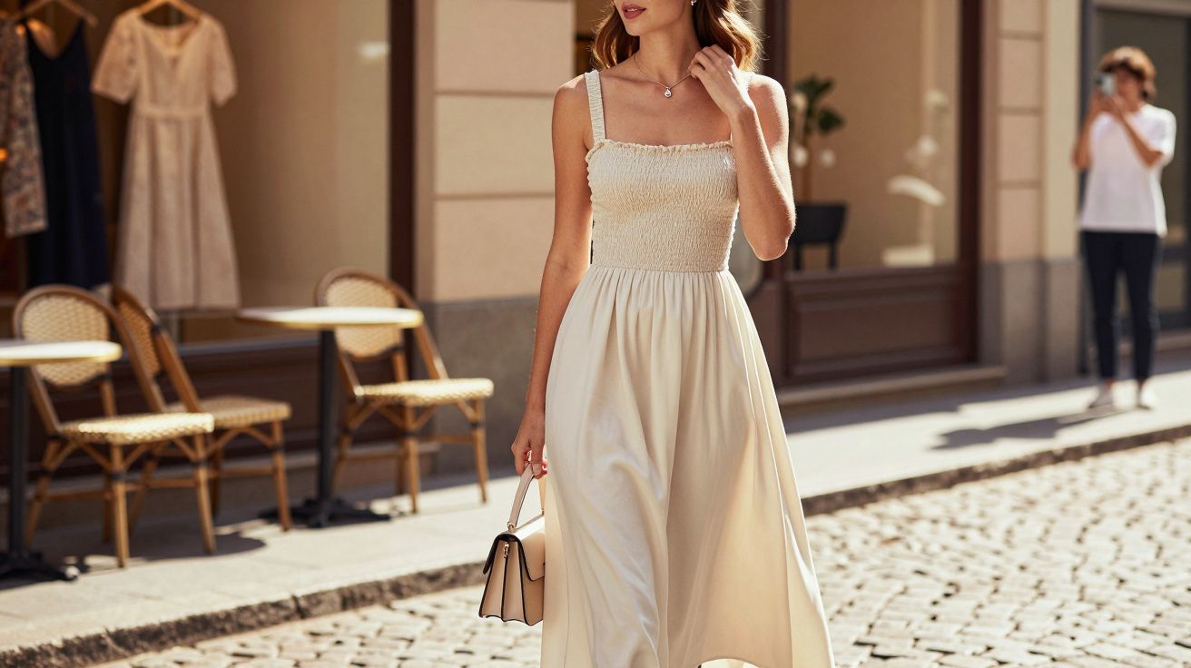 Mulher a caminhar numa rua de calçada vestindo um vestido branco comprido e a carregar uma mala bege.