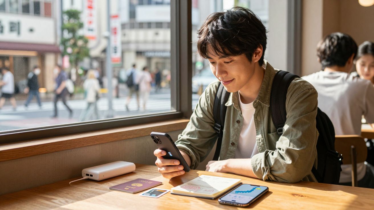 Jovem sentado junto à janela a usar um telemóvel com passaporte, cartões e outro telemóvel sobre a mesa.