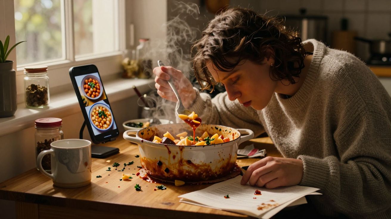Pessoa a provar comida quente numa panela acompanhada de receita num ambiente de cozinha acolhedor.