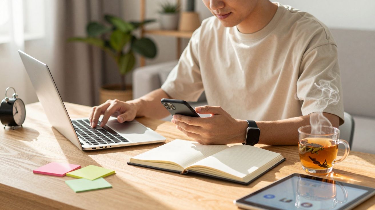 Pessoa a trabalhar num computador portátil com telemóvel, caderno aberto, chá quente e tablet numa secretária organizada.