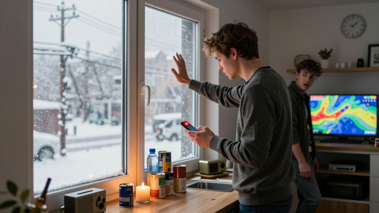 Dois jovens numa cozinha, um ao telefone junto à janela com neve do lado de fora, outro preocupado junto à televisão.
