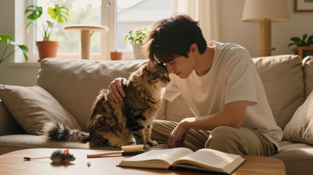 Jovem acaricia gato sentado num sofá, com livro aberto e brinquedos sobre a mesa à frente.