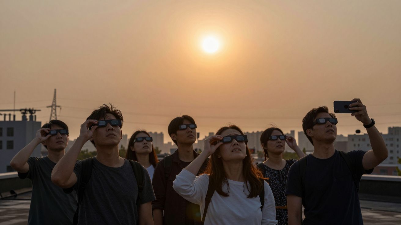 Grupo de pessoas a observar eclipse solar com óculos de proteção ao pôr do sol numa cidade.