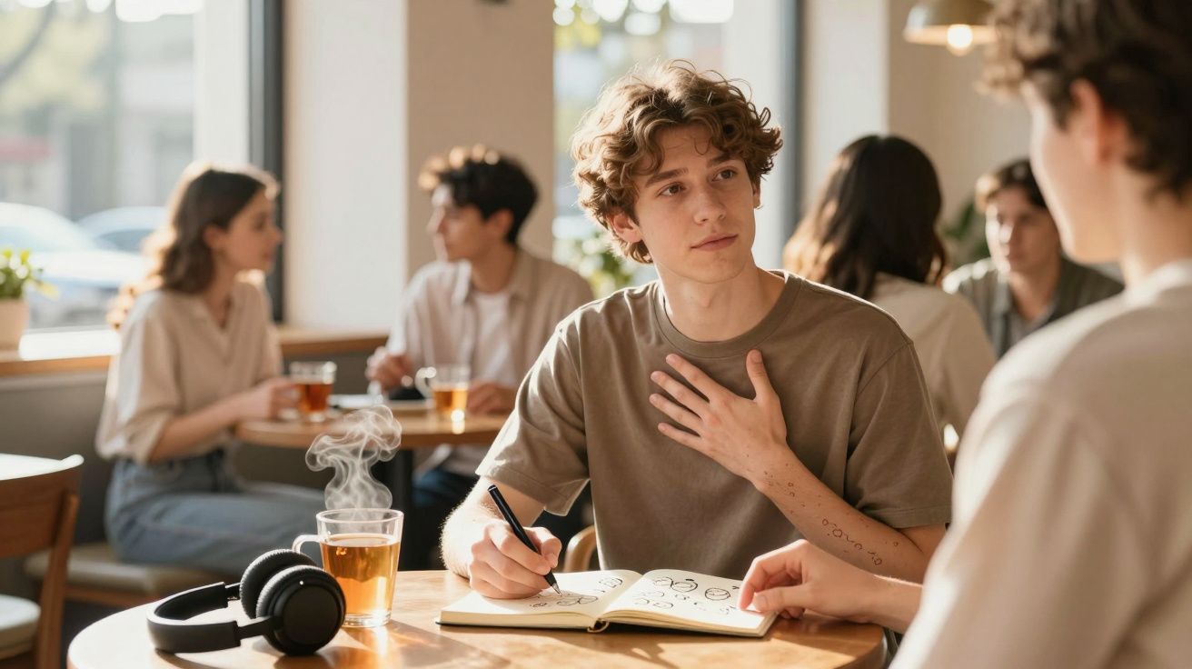 Jovem a tomar notas num caderno enquanto conversa com outra pessoa num café com outras pessoas ao fundo.
