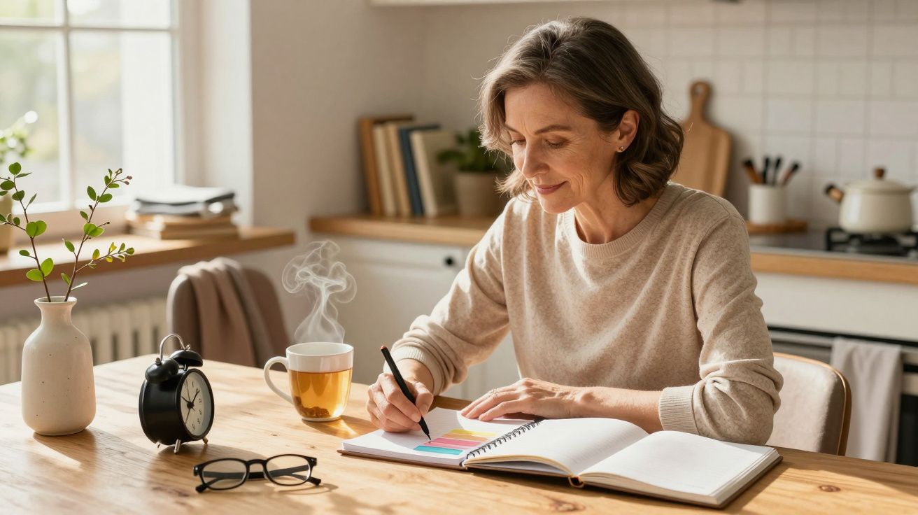 Mulher sorridente a escrever num caderno numa cozinha com chá quente numa mesa de madeira.