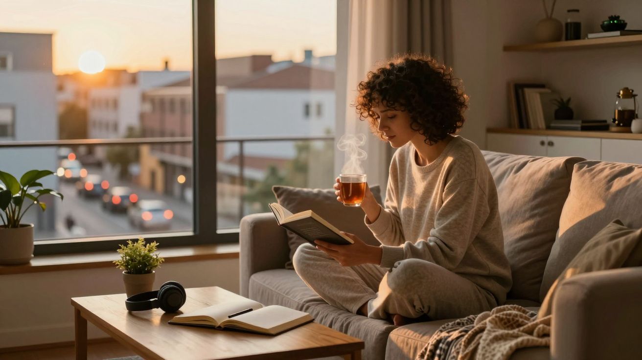 Mulher sentada no sofá a ler um livro e a beber chá, ao pôr do sol, numa sala acolhedora.