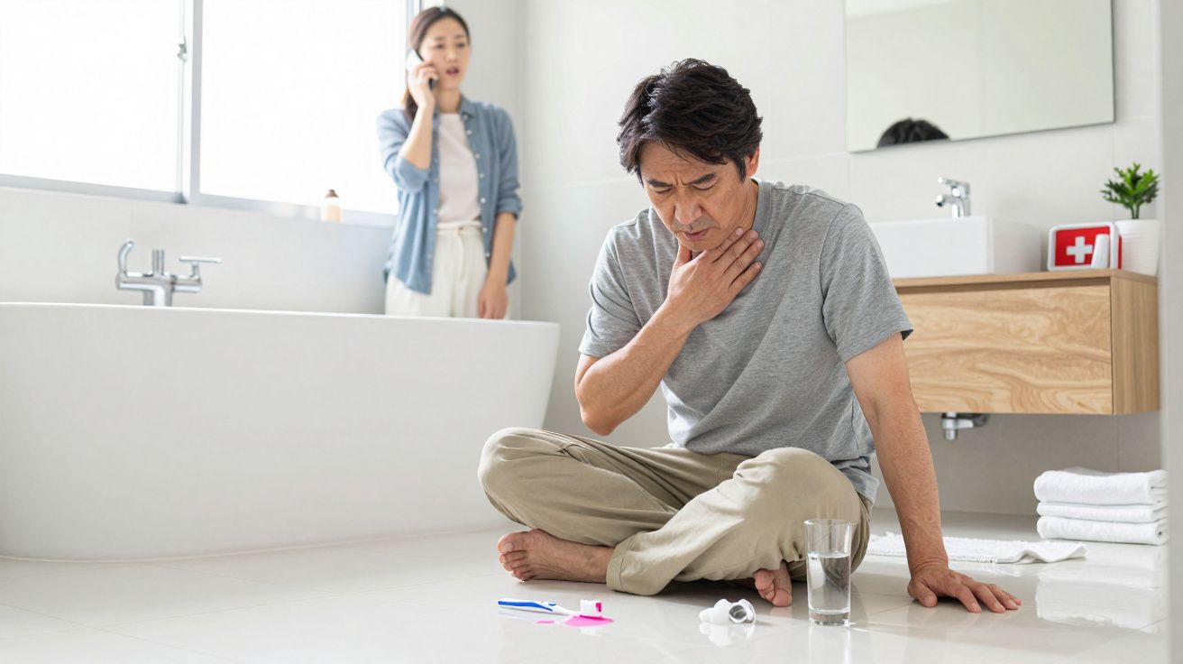 Homem sentado no chão do banheiro com dor na garganta enquanto mulher ao fundo telefona para socorro.