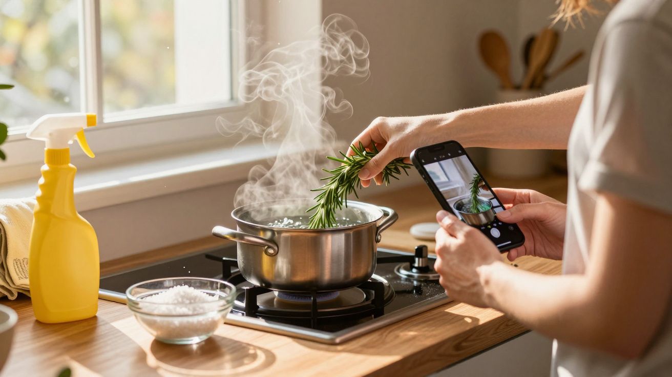 Pessoa a colocar ramo de alecrim numa panela com vapor num fogão, tirando foto com telemóvel.