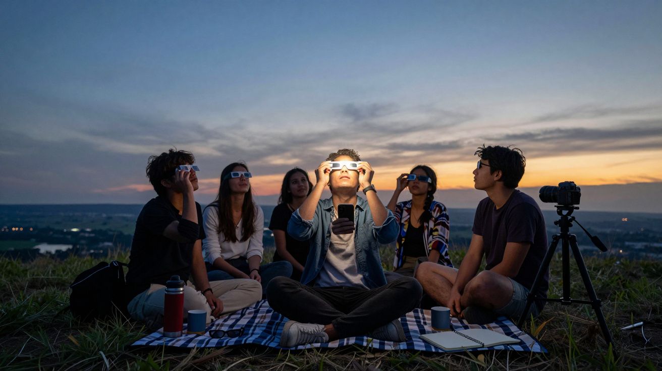 Grupo de jovens sentados no campo a observar eclipse solar com óculos de proteção ao pôr do sol.