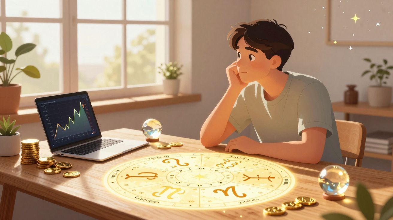 Jovem observa mapa astrológico iluminado numa mesa com moedas e portátil numa sala iluminada.