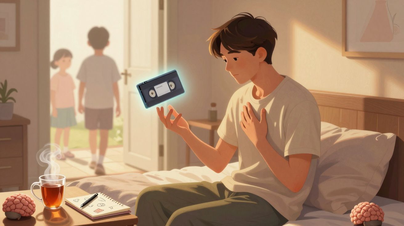 Rapaz sentado na cama a olhar para uma cassete flutuante, com chá, cadernos e duas miniaturas de cérebro à sua volta.