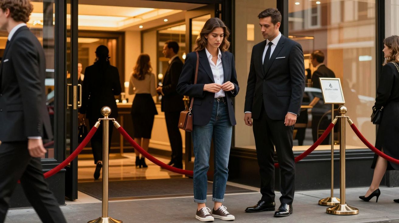 Mulher a ser barrada por segurança na entrada de prédio com cordão vermelho, vários pessoas ao fundo.