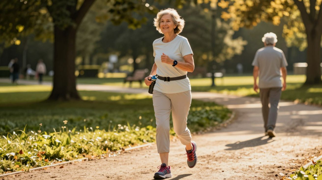 Mulher idosa a caminhar com sorriso num parque verde iluminado pelo sol, com homem ao fundo.