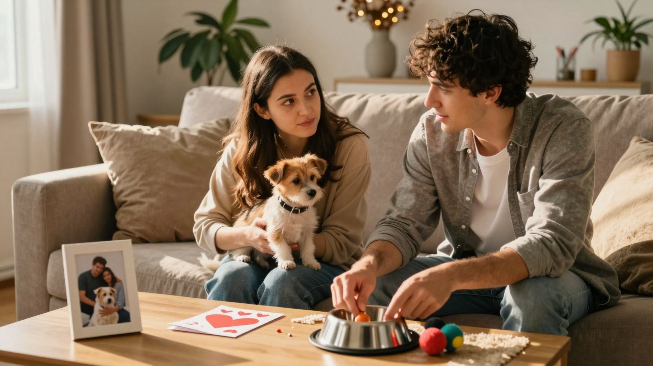 Jovem casal sentado no sofá em casa, mulher segura cão pequeno enquanto homem prepara brinquedos no apoio de cão.