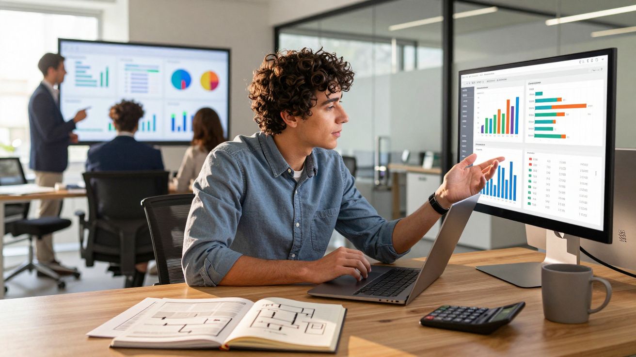 Jovem numa reunião de escritório analisa gráficos num monitor enquanto colegas assistem a apresentação no fundo.