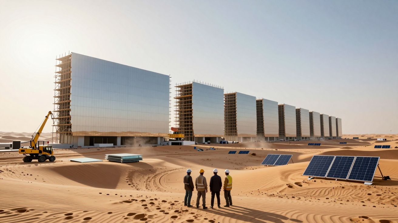 Quatro trabalhadores observam painéis solares e estruturas de espelhos gigantes no deserto.