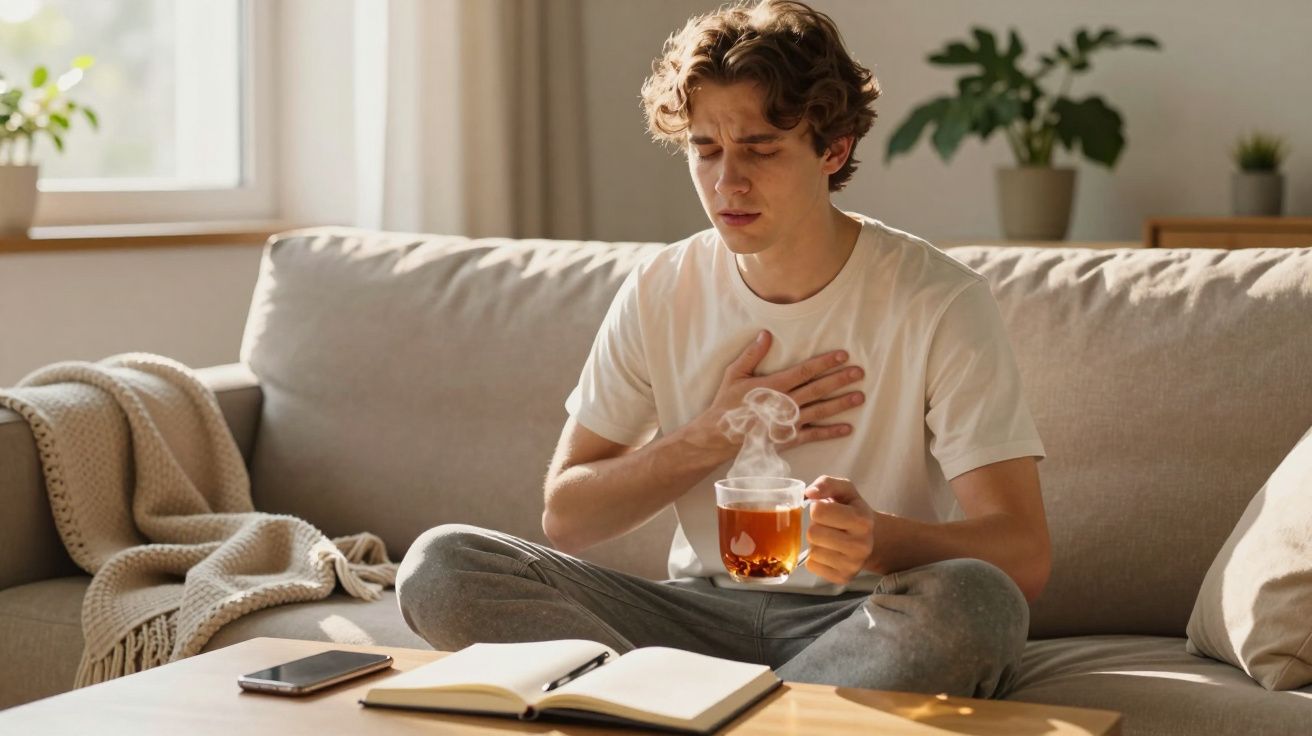 Homem sentado no sofá com chá a segurar o peito, aparentando desconforto respiratório.