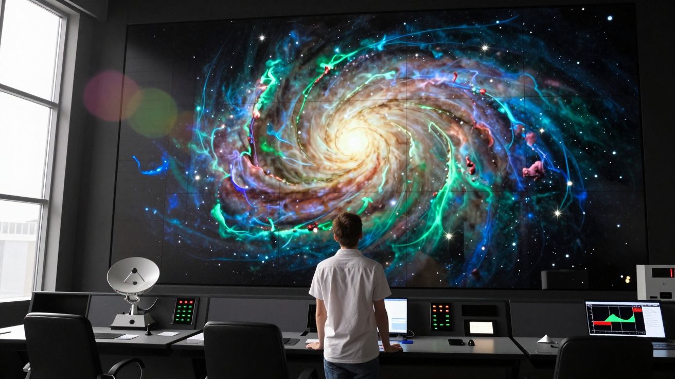 Homem de costas observa grande ecrã digital com imagem colorida de galáxia espiral numa sala de controlo moderna.