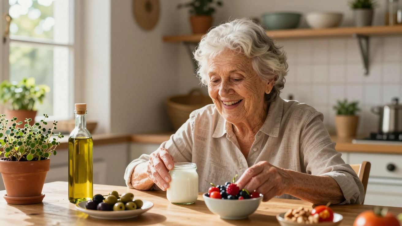 Idosa sorridente a apanhar frutas vermelhas numa taça enquanto está sentada à mesa na cozinha.
