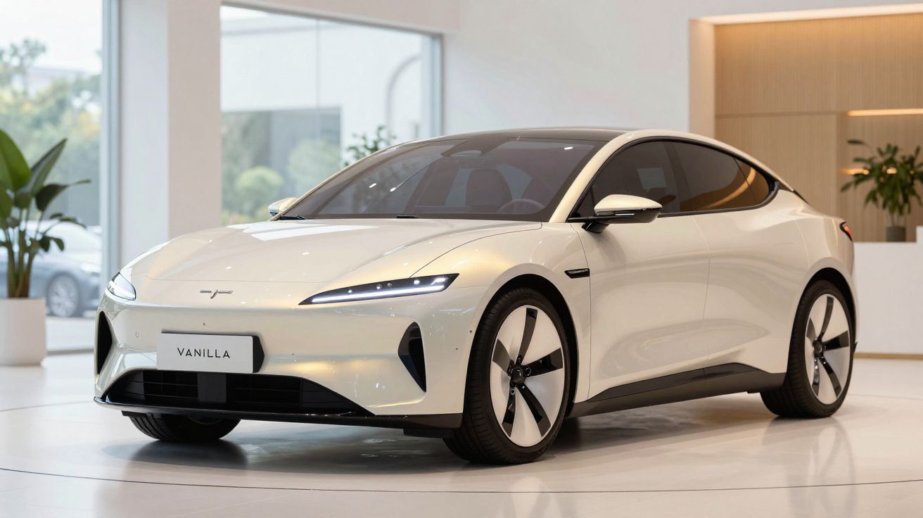 Carro elétrico branco moderno com design aerodinâmico exposto num showroom luminoso.