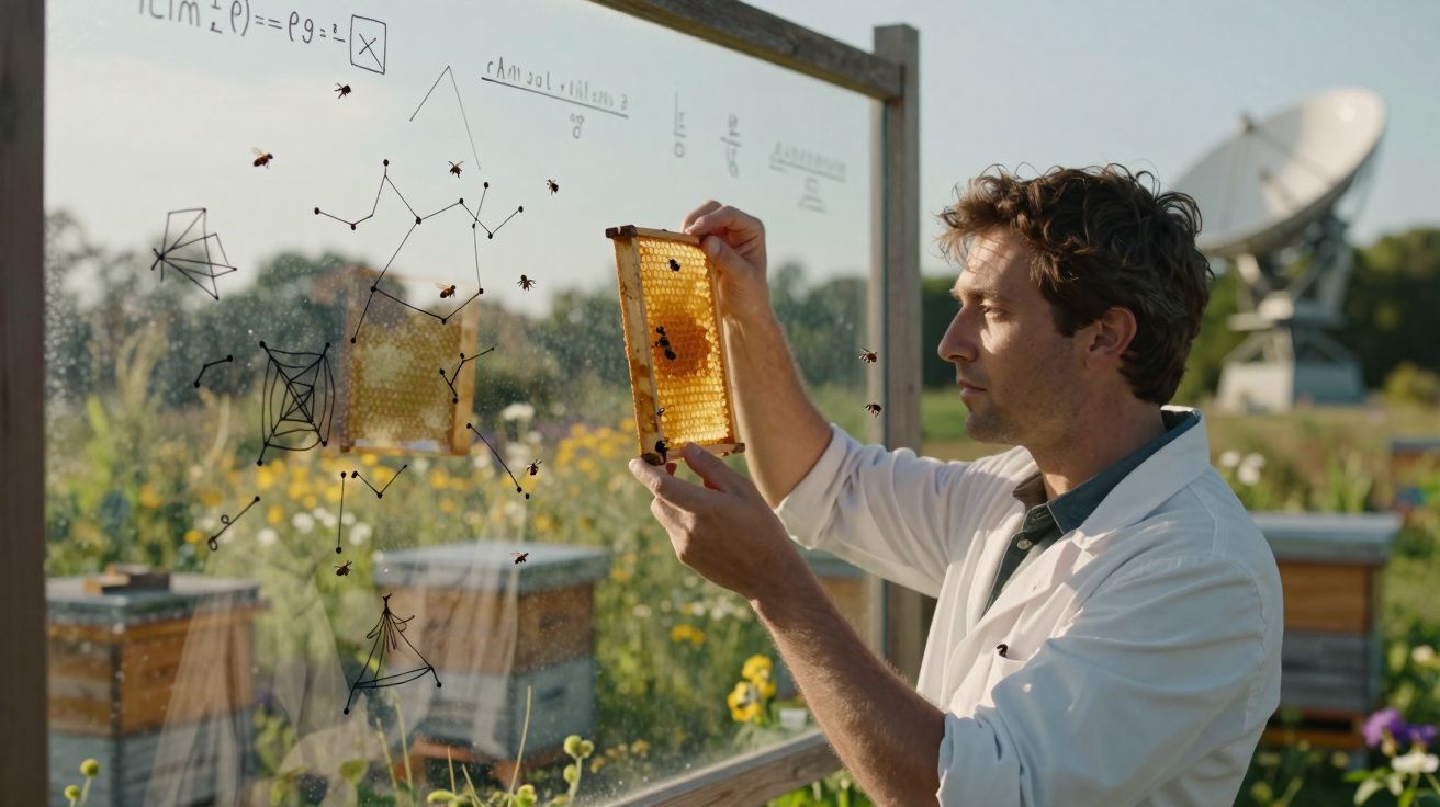 Homem de bata branca segura favo de mel diante de vidro com fórmulas e abelhas, em ambiente ao ar livre.
