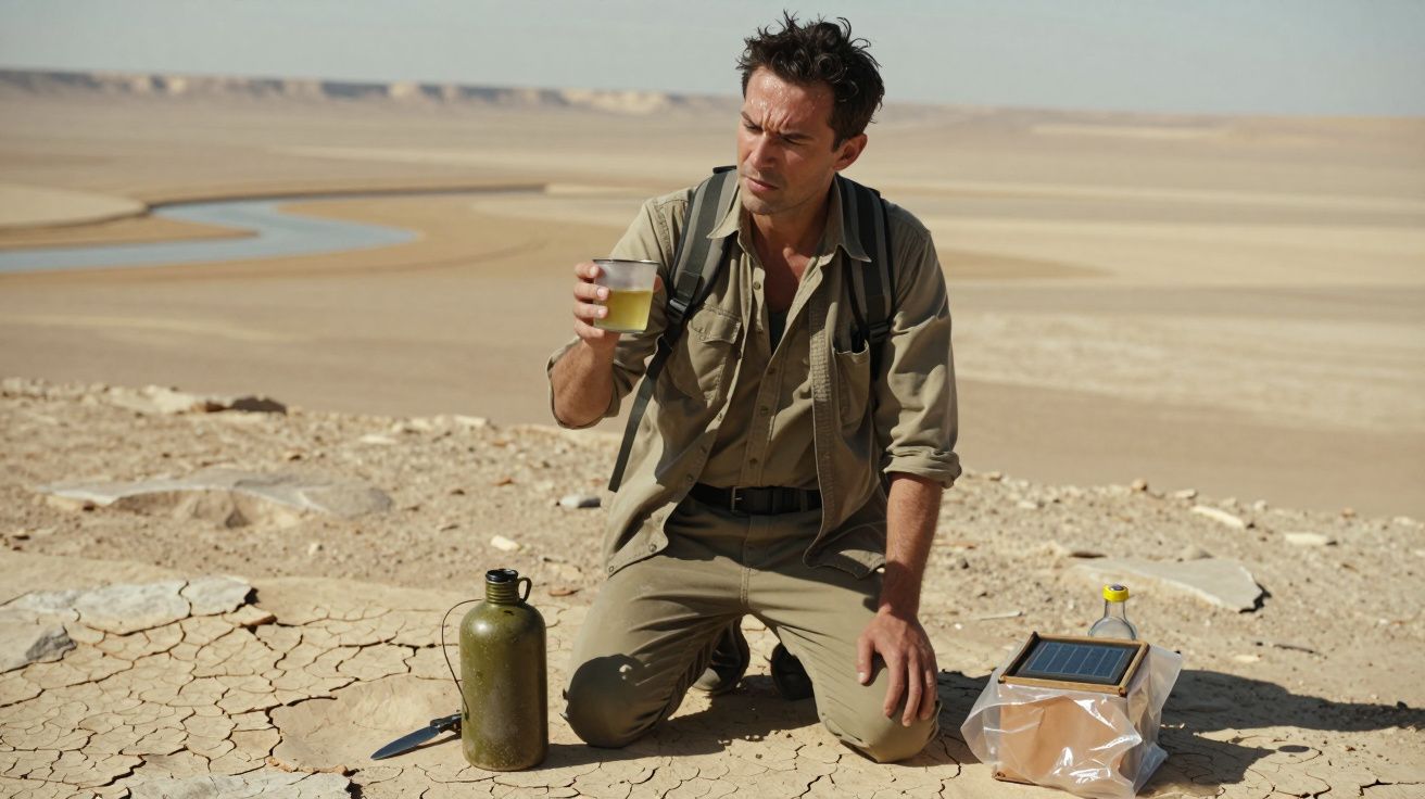 Homem ajoelhado no deserto a examinar um copo com líquido amarelado, ao lado de garrafa e dispositivo solar.